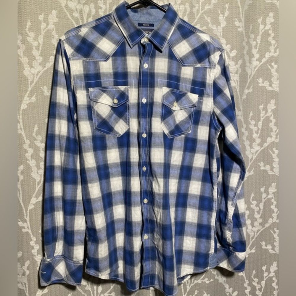 American Rag Women’s Plaid Long Sleeve Button‎ Up Size Medium Blue White
